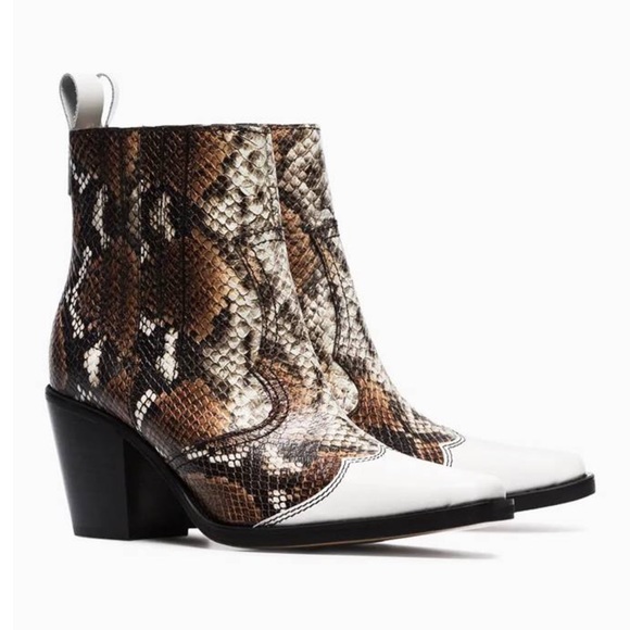 Ganni Shoes - GANNI Caramel Lovina 70 Leather Cowgirl Style Ankle Boots in Snake Print